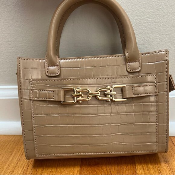 Beige Croc-Embossed Structured Satchel with Gold Hardware - Picture 1 of 6